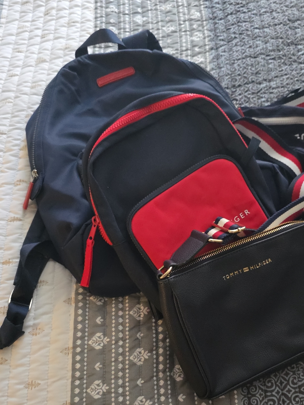 Tommy Hilfiger Navy and Red Backpack with Black Crossbody Bag
